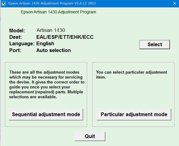 Phần mềm reset máy in Epson Artisan 1430
