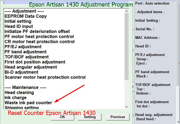 Reset máy in Epson Artisan 1430 tràn bộ đếm mực thải