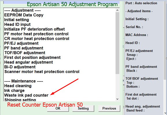 Reset máy in Epson Artisan 50 tràn bộ đếm mực thải