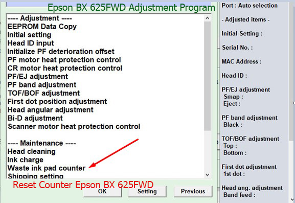 Reset tràn mực thải Epson BX 625FWD
