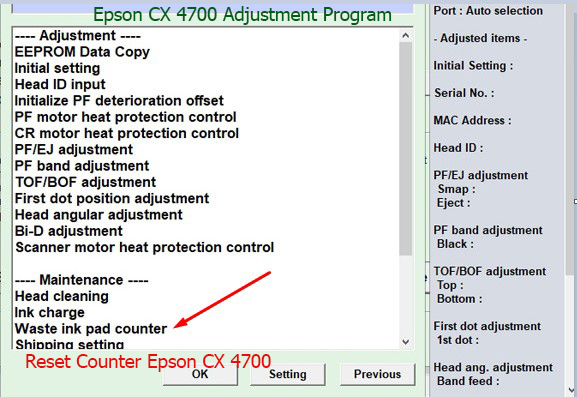 Reset tràn mực thải Epson CX 4700