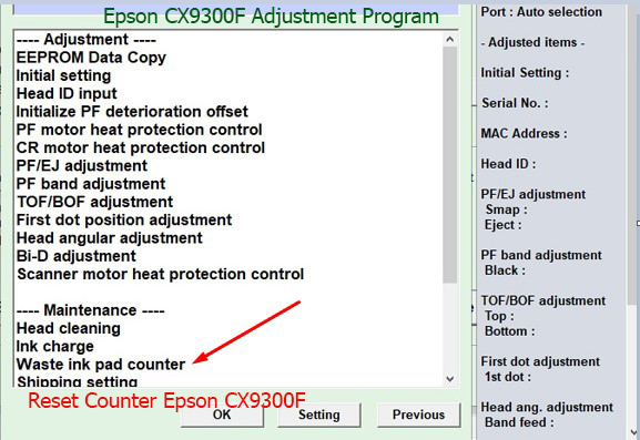 Reset tràn mực thải Epson CX9300F