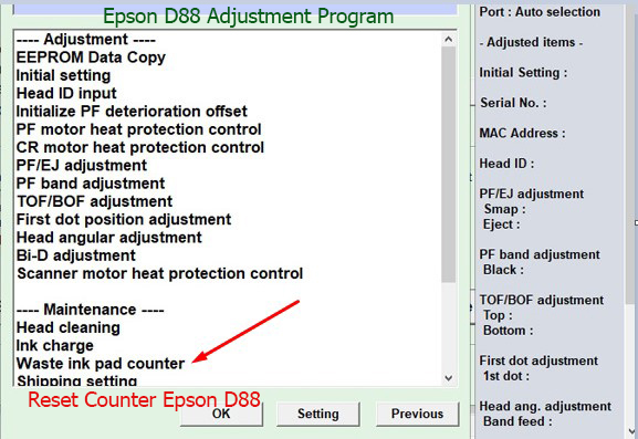 Reset tràn mực thải Epson D88
