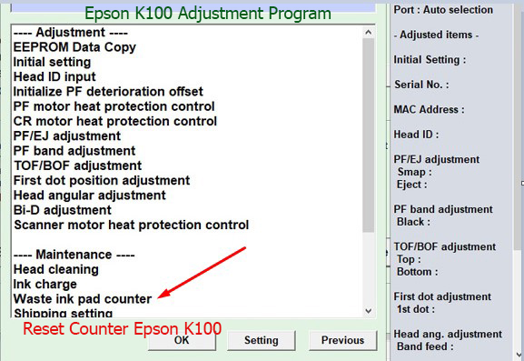 Reset tràn mực thải Epson K100