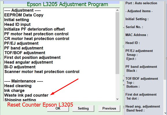 Reset tràn mực thải Epson L3205