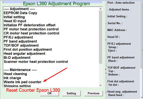 Reset máy in Epson L380 tràn bộ đếm mực thải