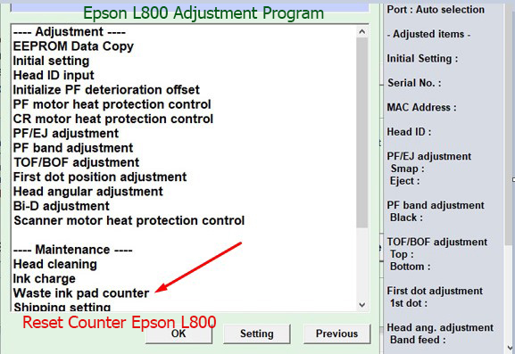 Reset tràn mực thải Epson L800