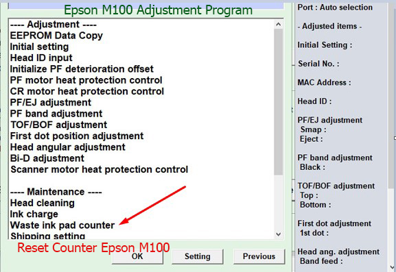 Reset tràn mực thải Epson M100