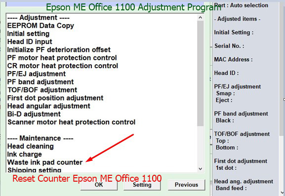 Reset tràn mực thải Epson ME Office 1100