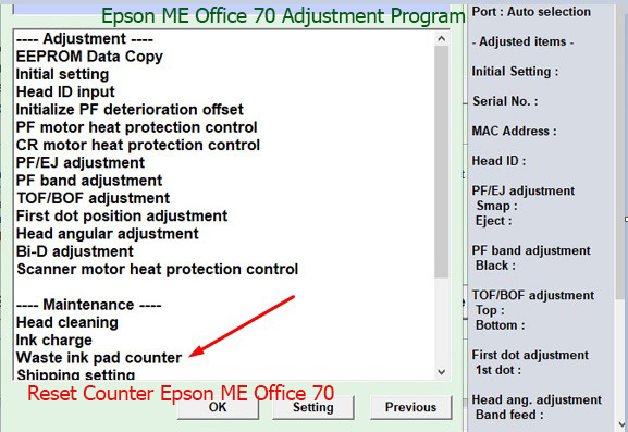 Reset tràn mực thải Epson ME Office 70