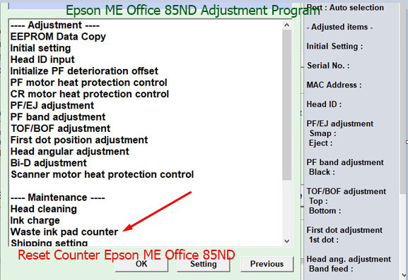 Reset tràn mực thải Epson ME Office 85ND