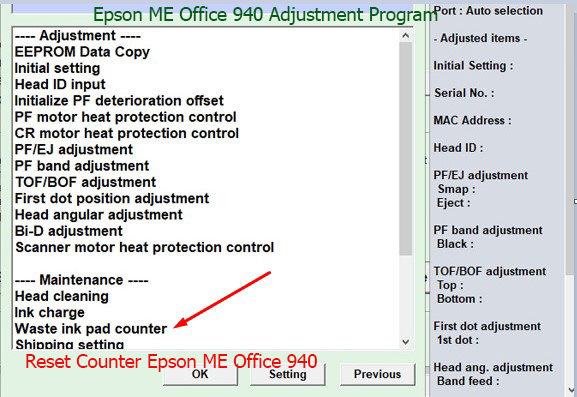 Reset tràn mực thải Epson ME Office 940