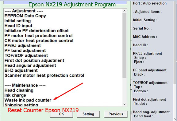Reset tràn mực thải Epson NX219