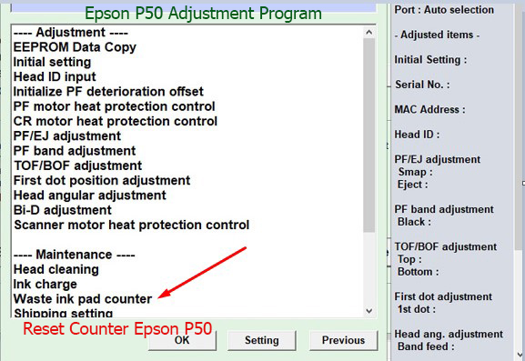 Reset tràn mực thải Epson P50