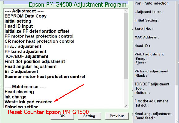 Reset máy in Epson PM-G4500 tràn bộ đếm mực thải