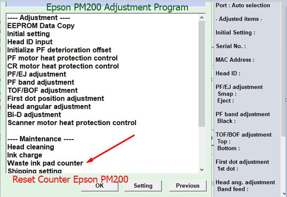 Reset tràn mực thải Epson PM200