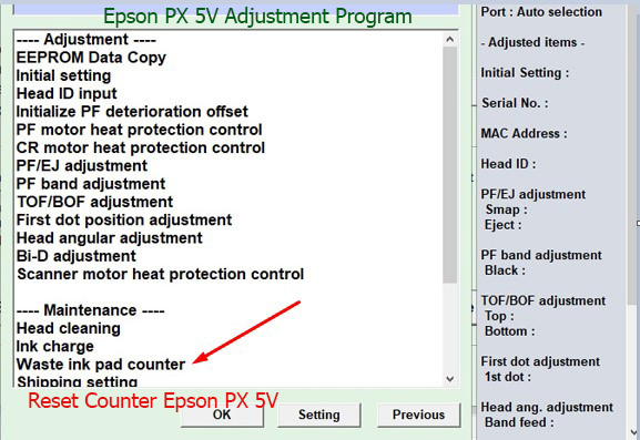 Reset tràn mực thải Epson PX 5V