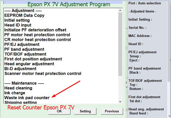 Reset tràn mực thải Epson PX 7V
