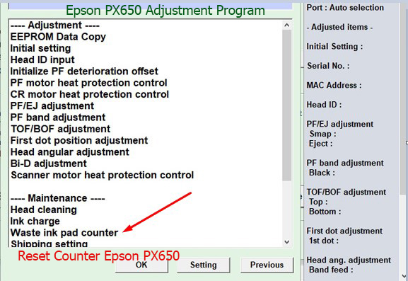 Reset tràn mực thải Epson PX650