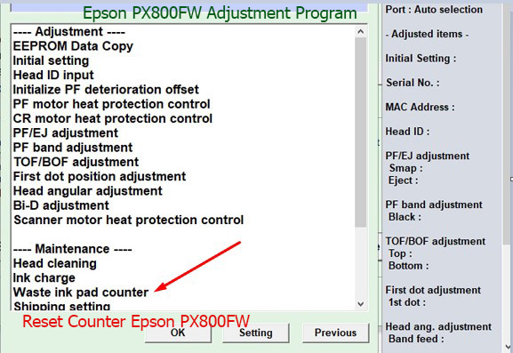 Reset tràn mực thải Epson PX800FW