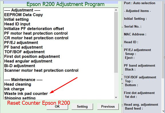 Reset tràn mực thải Epson R200