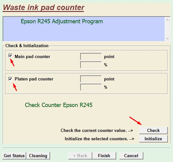 kiểm tra bộ đếm mực thải Epson R245
