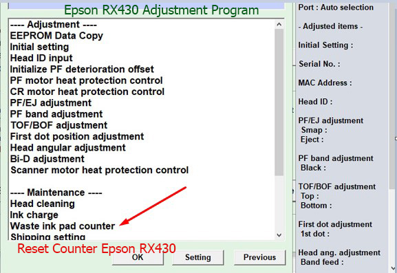 Reset tràn mực thải Epson RX430