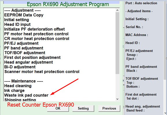 Reset tràn mực thải Epson RX690