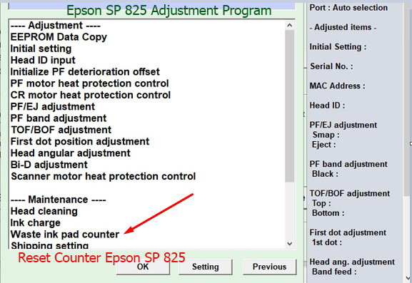 Reset tràn mực thải Epson SP 825