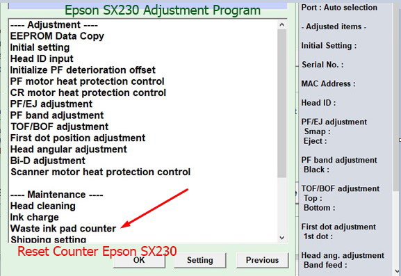 Reset tràn mực thải Epson SX230