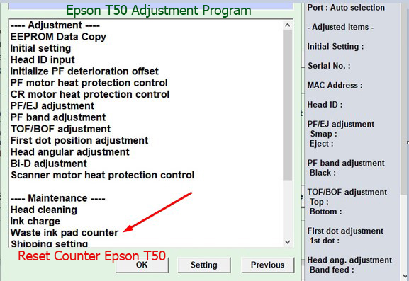 Reset tràn mực thải Epson T50