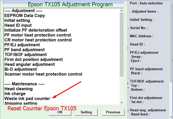 Reset tràn mực thải Epson TX105