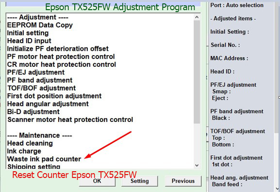 Reset tràn mực thải Epson TX525FW