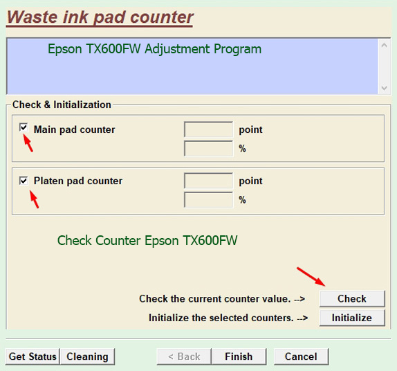 kiểm tra bộ đếm mực thải Epson TX600FW