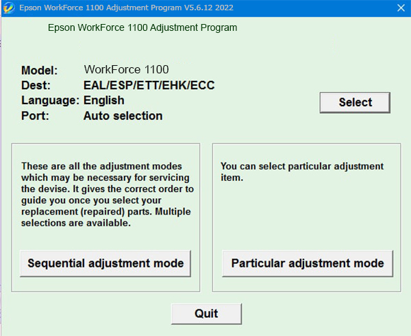 Phần mềm reset máy in Epson WorkForce 1100