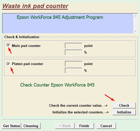 kiểm tra bộ đếm mực thải Epson WorkForce 845