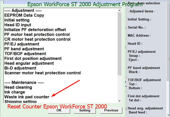 Reset tràn mực thải Epson WorkForce ST 2000