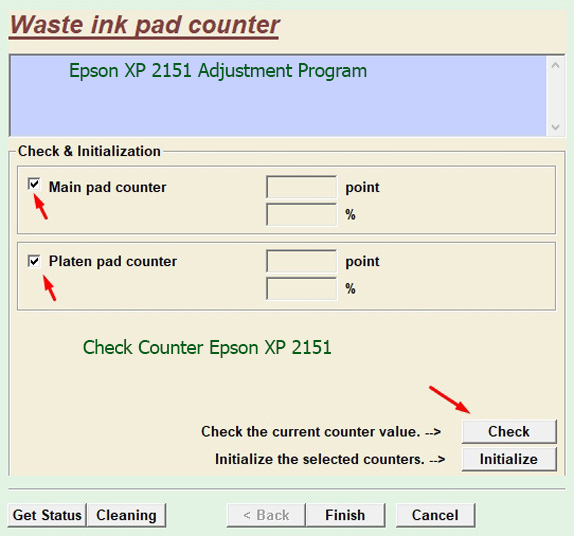 kiểm tra bộ đếm mực thải Epson XP 2151