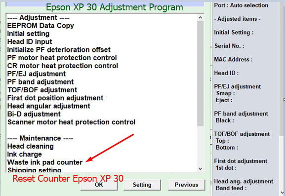 Reset tràn mực thải Epson XP 30
