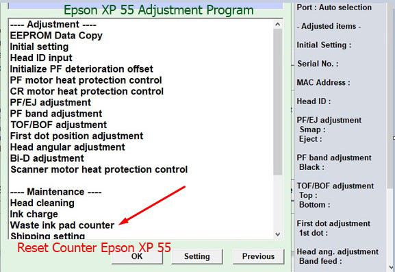 Reset máy in Epson XP-55 tràn bộ đếm mực thải