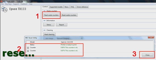 Reset mực thải máy in Epson TX133 bằng key wicreset thành công