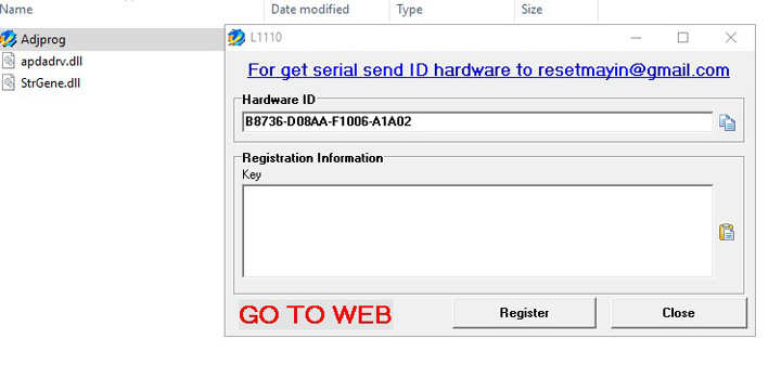 Mở adjprog.exe và copy Hardware ID